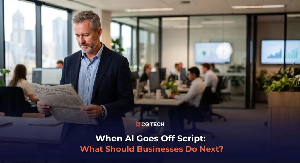 A business leader reads news in a modern office while colleagues work at screens, alongside the headline on AI agents and business decisions,