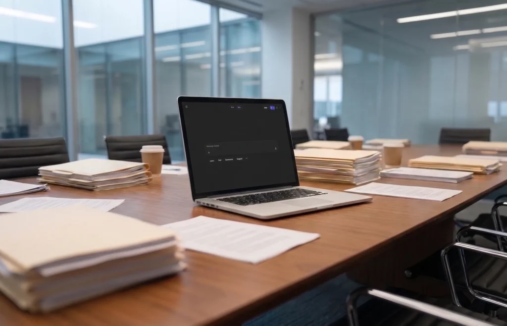 An empty boardroom table stacked with paper files and folders either side of a single open laptop, showing how much manual document work still sits between a business and its AI tools.