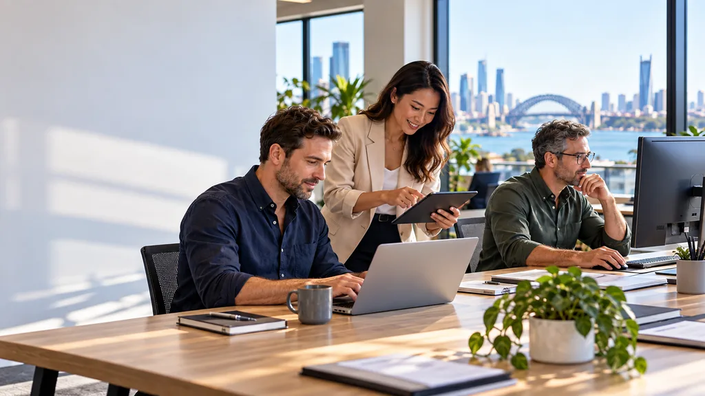 Three business professionals using a laptop, tablet and desktop computer to manage AI-assisted workflows in a modern Australian office.