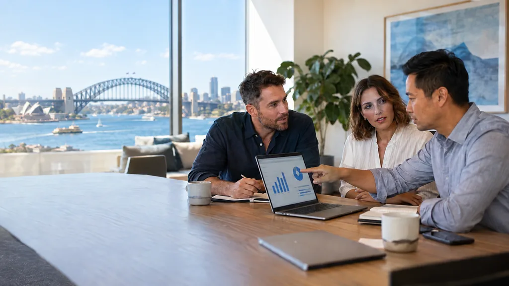 Three business leaders reviewing AI costs and usage charts on a laptop in a Sydney office overlooking the Harbour Bridge and Opera House.
