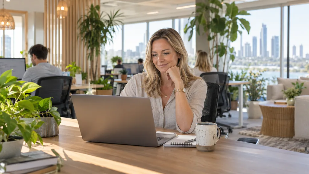 Business leader using a MacBook in a bright Gold Coast tech office with natural light, indoor plants and timber desks.