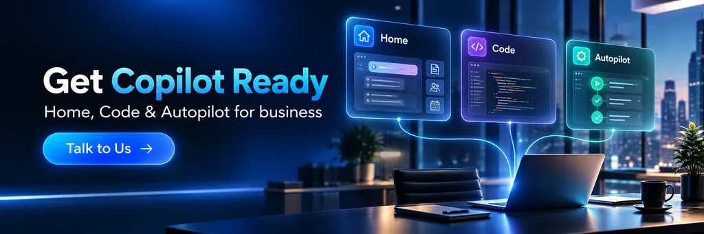 Microsoft Copilot Home, Code and Autopilot for business, showing AI-powered workflows, automation and app development in a modern workplace.