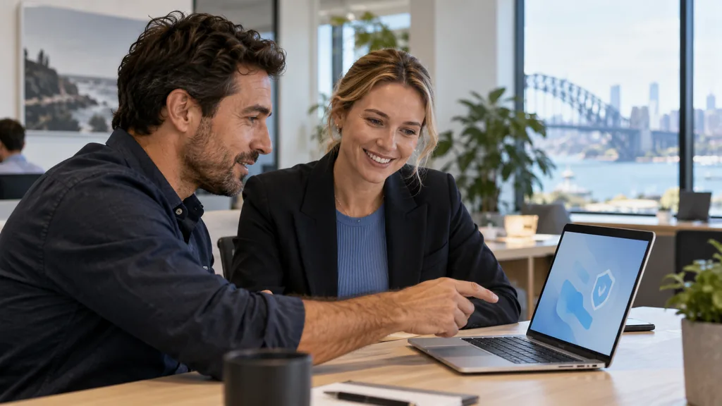Two colleagues reviewing an AI interface on a laptop in a modern Australian office, illustrating secure AI adoption and workplace collaboration.