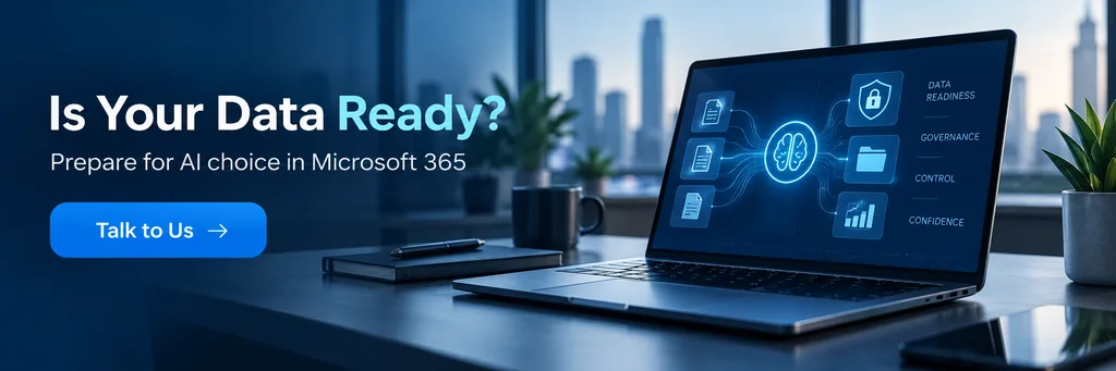 Recommended SEO alt text:

**Microsoft Copilot data readiness banner showing secure AI governance, data controls and business information on a laptop.**
