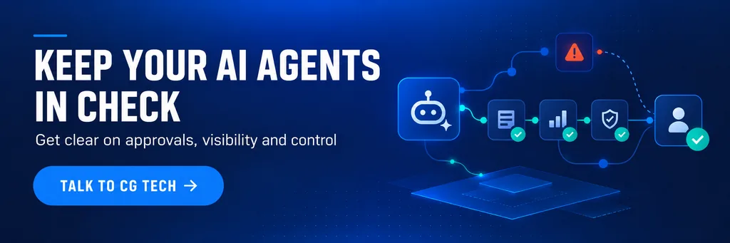 AI agent governance graphic showing approval checkpoints, monitoring and human oversight, with the message “Keep Your AI Agents In Check”.