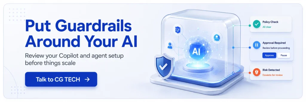 AI governance banner showing a protected AI system with policy checks, approval prompts and risk alerts, encouraging businesses to put guardrails around Copilot and AI agents.