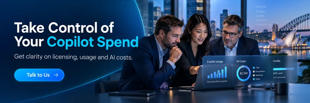 **Recommended alt text:**
Business leaders reviewing Microsoft Copilot usage, licensing and AI spend controls in a Sydney office overlooking the Harbour Bridge.