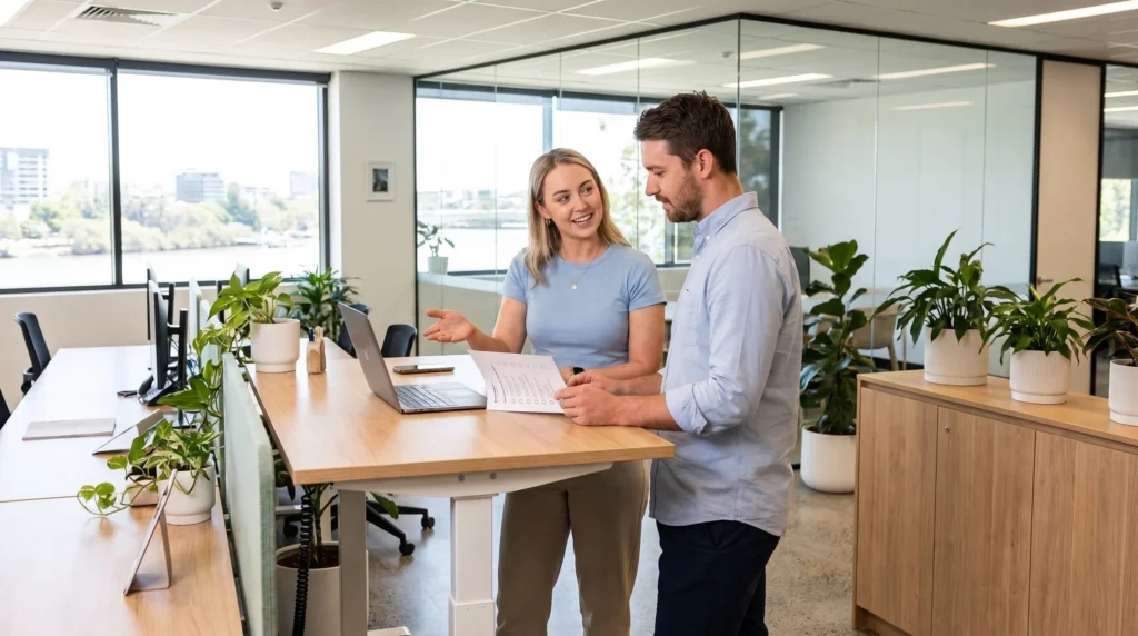 Two business professionals reviewing an AI agent governance checklist together at a standing desk in a modern office, illustrating human oversight of AI agents and Copilot governance for Australian businesses.