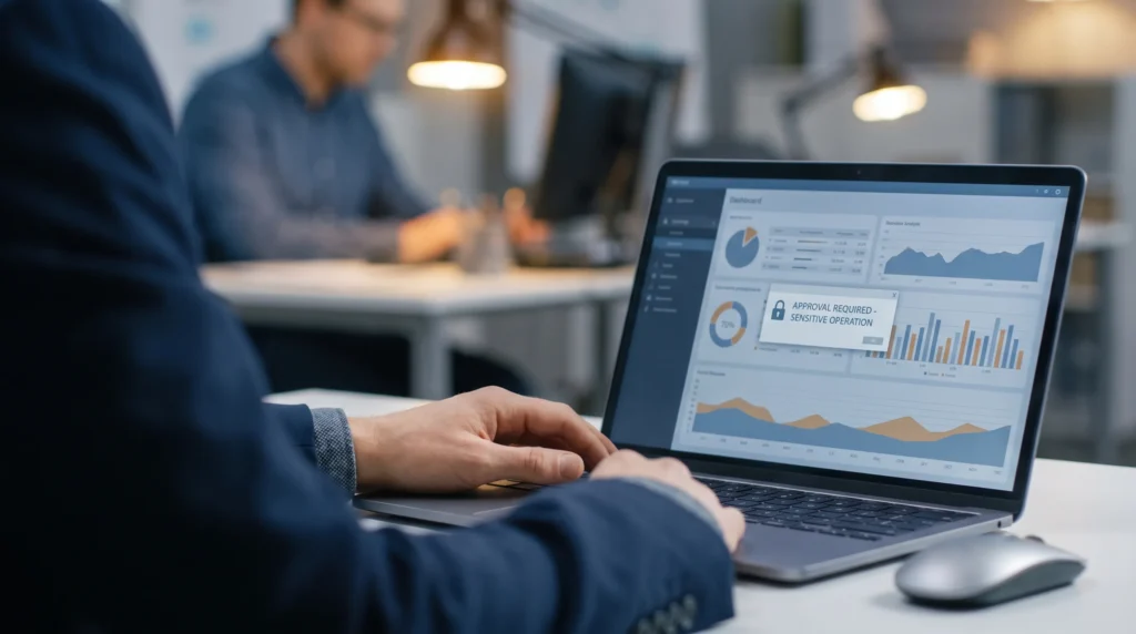 A technical leader pauses at a laptop as an AI system displays an approval prompt before continuing an automated task.